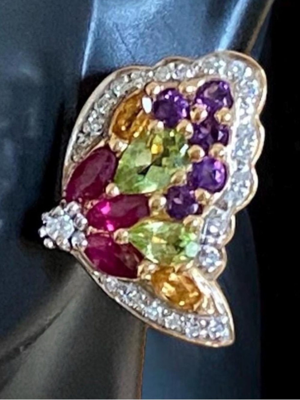 GORGEOUS Estate 14K Yellow Gold BUTTERFLY Multi-Gemstone Omega Back Earrings!